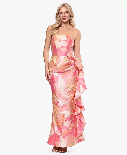 Betsy & Adam Women's Strapless Side Ruffle Ball Gown - Macy's | Macy's