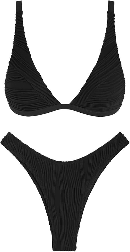 ZAFUL Bikini Sets for Women Triangle Textured Plunging High Cut Cheeky Bikini Swimsuits Two Piece... | Amazon (US)