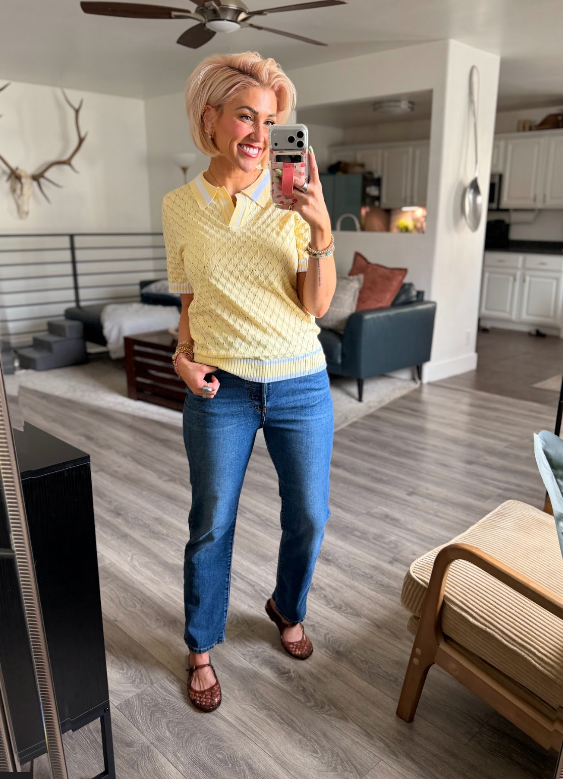 Loving my new yellow sweater polo and jeans! Perfect for spring. Sweater: Small // Jeans: 29 // Shoes: TTS 

 #LTKootd #LTKOver40 #LTKSaleAlert