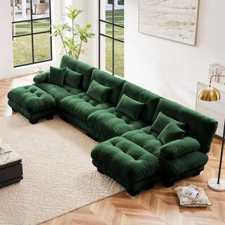 173.2 in. Square Arm 6-Piece Chenille U-Shaped Sectional Sofa with Ottomans in Green | The Home Depot