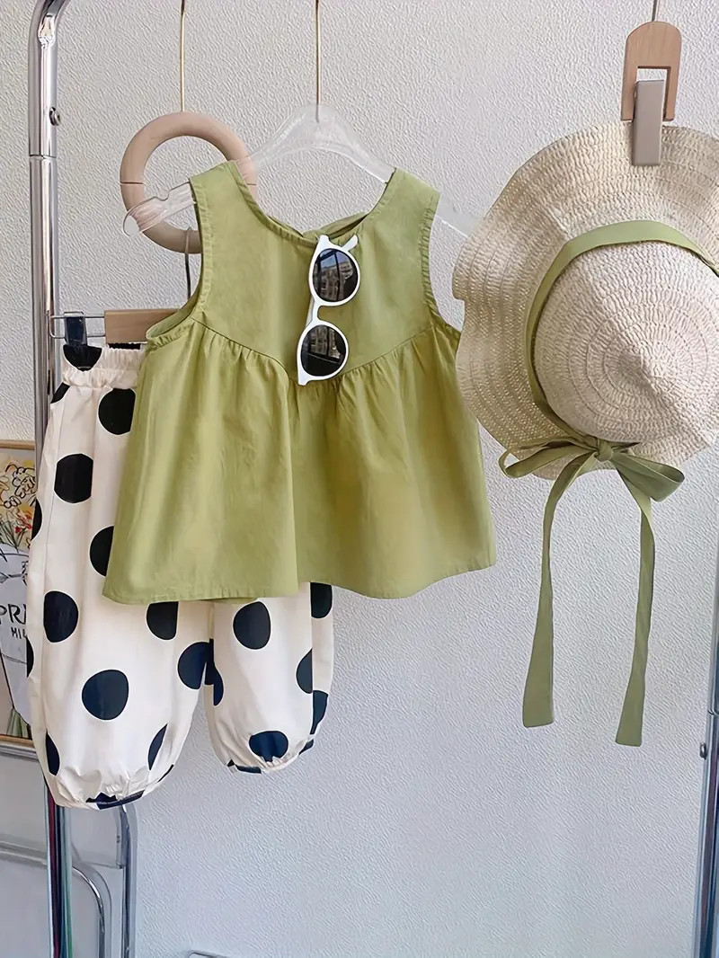 2-Piece Elegant Solid Bow Decor Sleeveless Top with Hat and Polka Dot Print Pants Set - Short Set... | Temu Affiliate Program