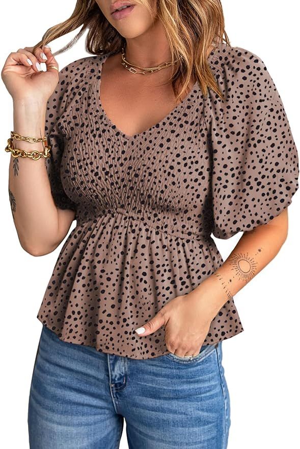 Acelitt Women's Puff Short Sleeve Peplum Top V Neck Smocked Blouses Dressy Shirt | Amazon (US)