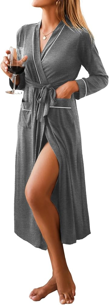 Ekouaer Women Kimono Robes Full Length Knit Bathrobe Lightweight Soft Sleepwear V-neck Casual Lad... | Amazon (US)