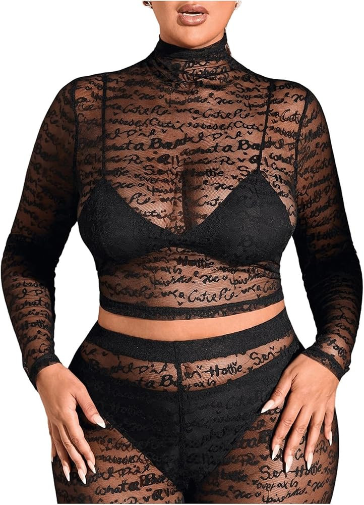 SweatyRocks Women's Plus Size Tops Letter Print Sheer Mesh T Shirts Mock Neck Long Sleeve Fitted ... | Amazon (US)