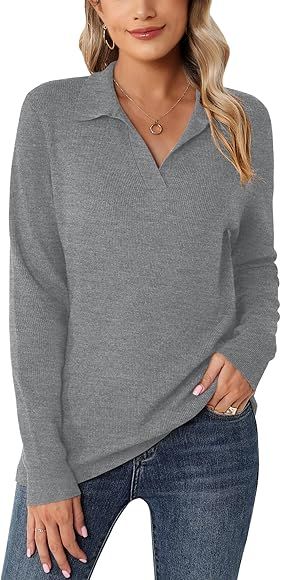 Romanstii Women's Knitted Collared Sweaters Long Sleeve V-Neck Polo Shirts Winter Pullover Tops | Amazon (US)