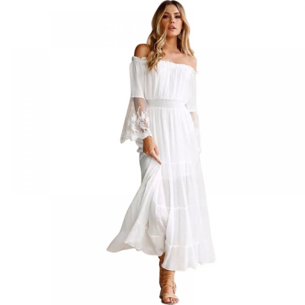 Female Dress Solid White Long Beach Sundress Strapless Long Sleeve Loose Sexy Off Shoulder Lace B... | Walmart (US)