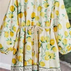 NWOT H&M Dolce Far Riente Lemons Loose Short Cotton Macramé Belted Dress (Large) | Poshmark