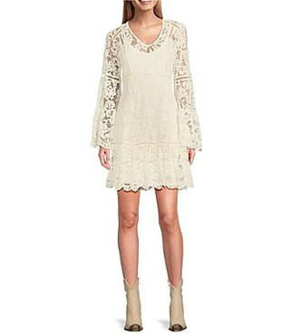 Scully Lace V-Neck Long Bell Sleeve Scalloped Hem A-Line Dress - S | Dillard's