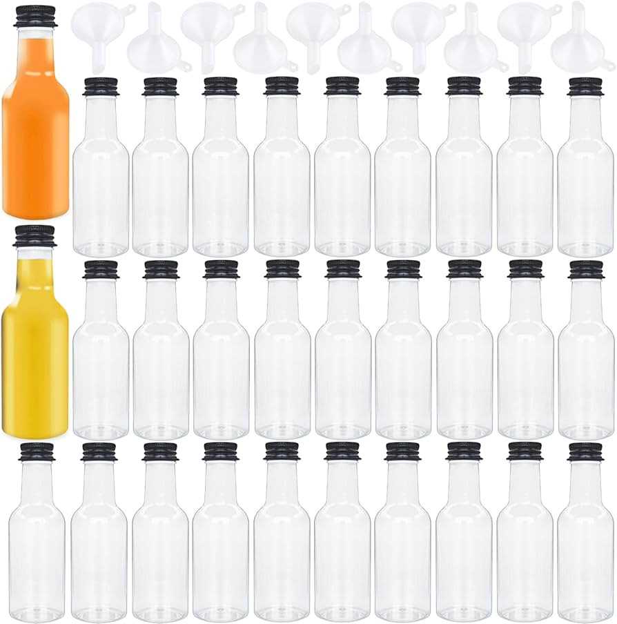 30 Pack 1.7oz Mini Liquor Bottles with Black Cap,Plastic Alcohol Bottles with 10 Funnels,Airtight... | Amazon (US)