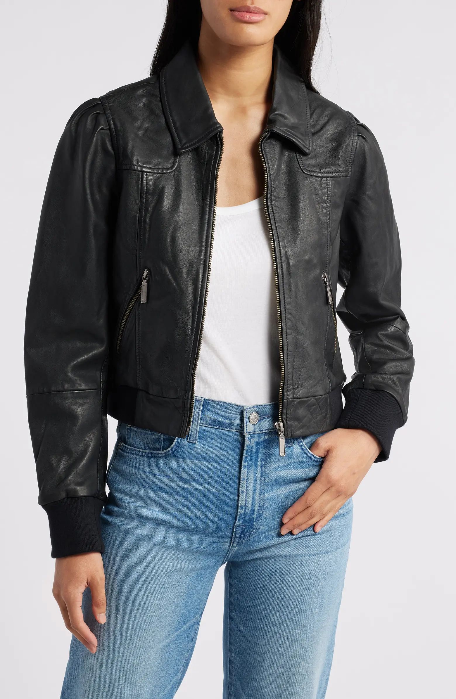 Caslon® Leather Crop Bomber Jacket | Nordstrom | Nordstrom