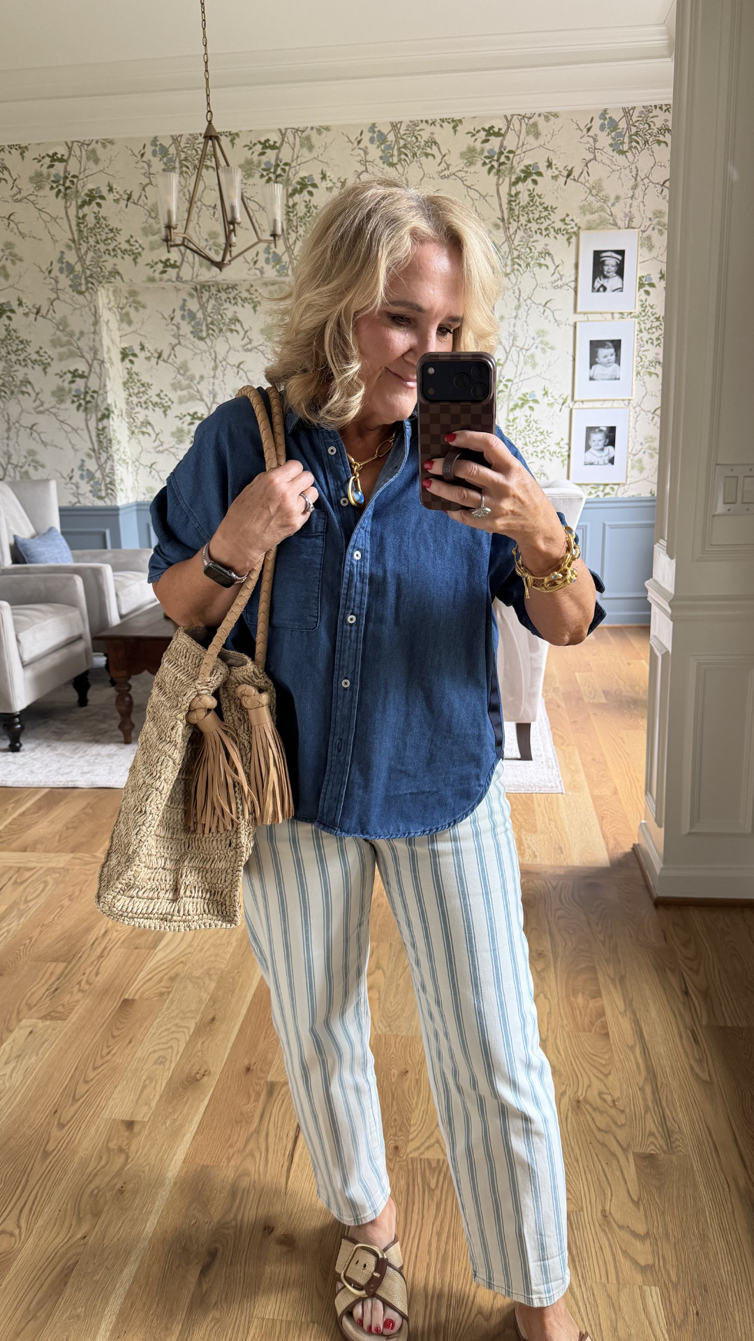 I love how the soft blue tones, woven tote, and neutral sandals come together for a classic summer outfit you'll reach for again and again. 🫶🏻 

 #LTKootd #LTKSeasonal #LTKSaleAlert