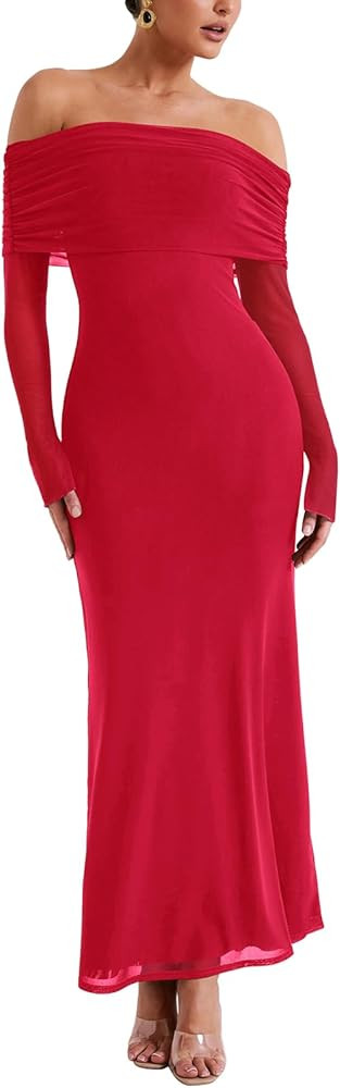REORIA Women Off Shoulder Long Sleeve Dress Elegant Sexy Stretch Mesh Double Lined Slim Trendy Lo... | Amazon (US)