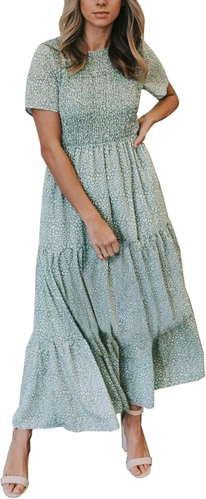 Zattcas Womens Summer Casual Short Sleeve Bohemian Floral Tiered Maxi Dress | Amazon (US)