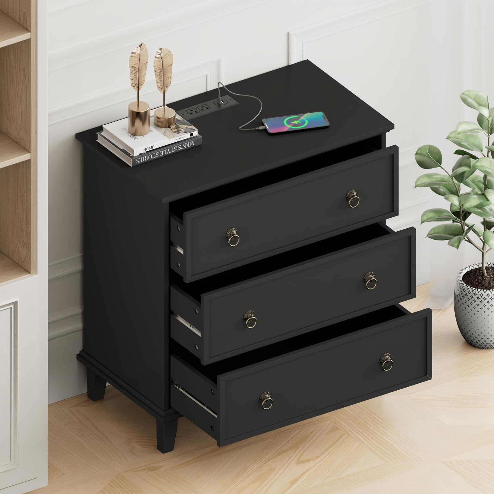 Large Nightstand with Charging Station, 29.8" X 27.6" Black 3 Drawers Nightstand, Farmhouse Bedsi... | Amazon (US)