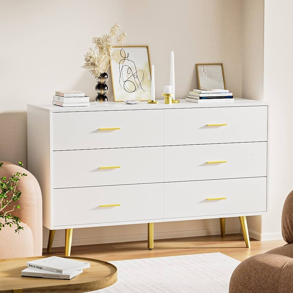 RESOM Dresser for Bedroom, 6 Drawer Double Dresser with Metal Handles, Modern Design, White and G... | Amazon (US)