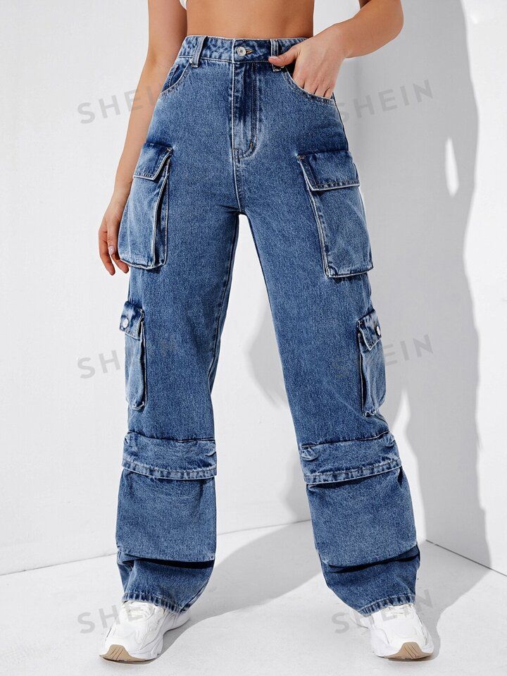 SHEIN EZwear High Waisted Flap Pocket Cargo Jeans | SHEIN