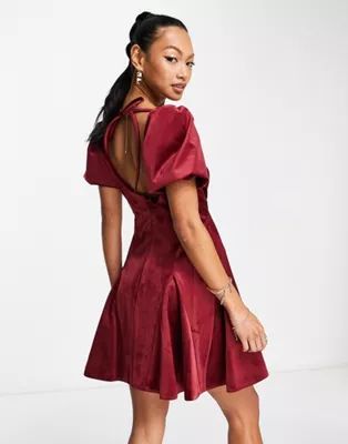 ASOS DESIGN puff sleeve velvet mini dress with godet detail in burgundy | ASOS (Global)