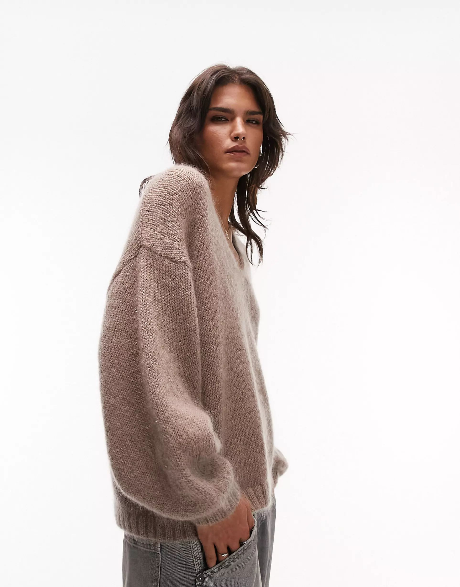 Topshop premium knitted v-neck mohair jumper in stone | ASOS (Global)