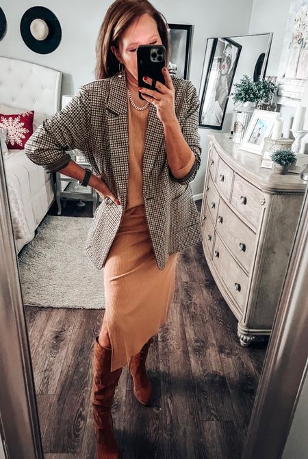 Ribbed knit top and skirt set by Time and Tru from Walmart styled with check blazer and tall boots. Gold chain necklace from Amazon, all items fits tts 

Walmart fashion, Walmart finds, workwear, work outfit, fall fashion, fall outfit, boots, casual chic, neutral outfit 

#LTKSeasonal #LTKworkwear #LTKunder50