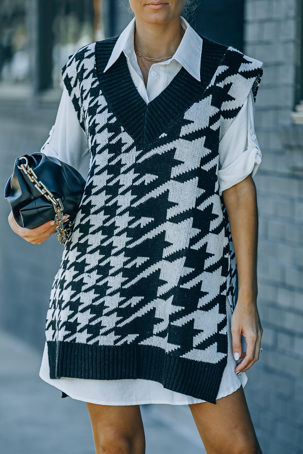 Black and Grey Houndstooth V Neck Long Sweater Vest | Shewin