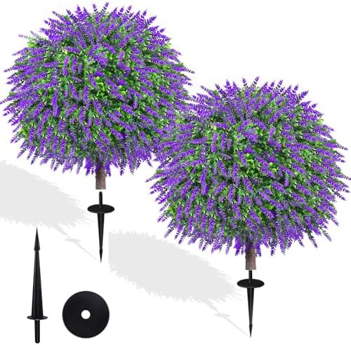 27.5" Artificial Lavender Boxwood Topiary Ball Trees, Set of 2 Fake Shrubs Bushes with Ground Spi... | Amazon (US)