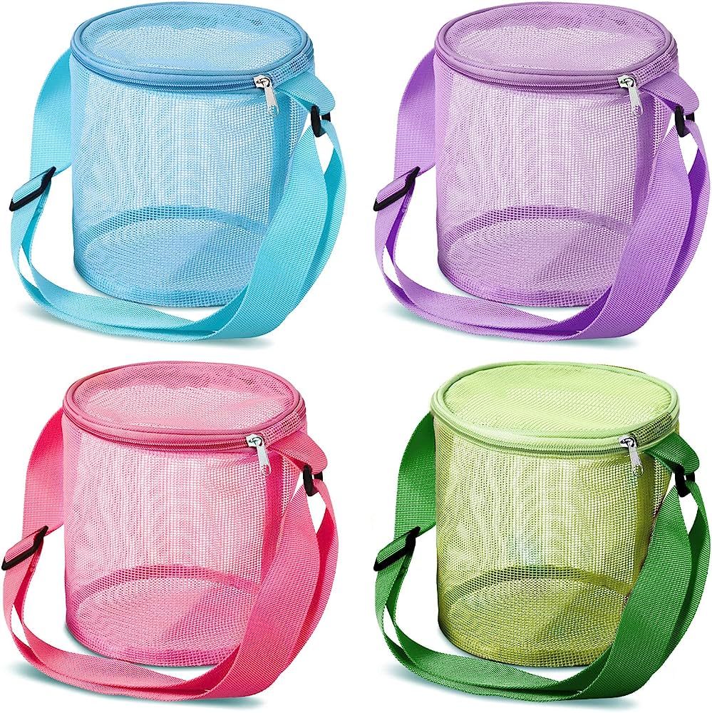 4 Piece Beach Toys Mesh Beach Bag Shell Collecting Bag Cylindrical Bags with Adjustable Carrying ... | Amazon (US)