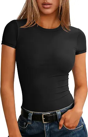 ANRABESS Women Short Sleeve Tops Summer 2026 Double Lined Crewneck T Shirt Basic Tight Workout Te... | Amazon (US)