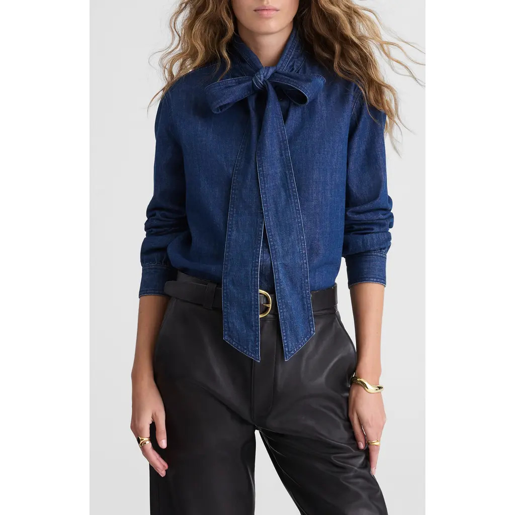 Madewell Tie Neck Denim Button-Up Shirt in Plumville Wash at Nordstrom Rack, Size Xx-Small | Nordstrom Rack