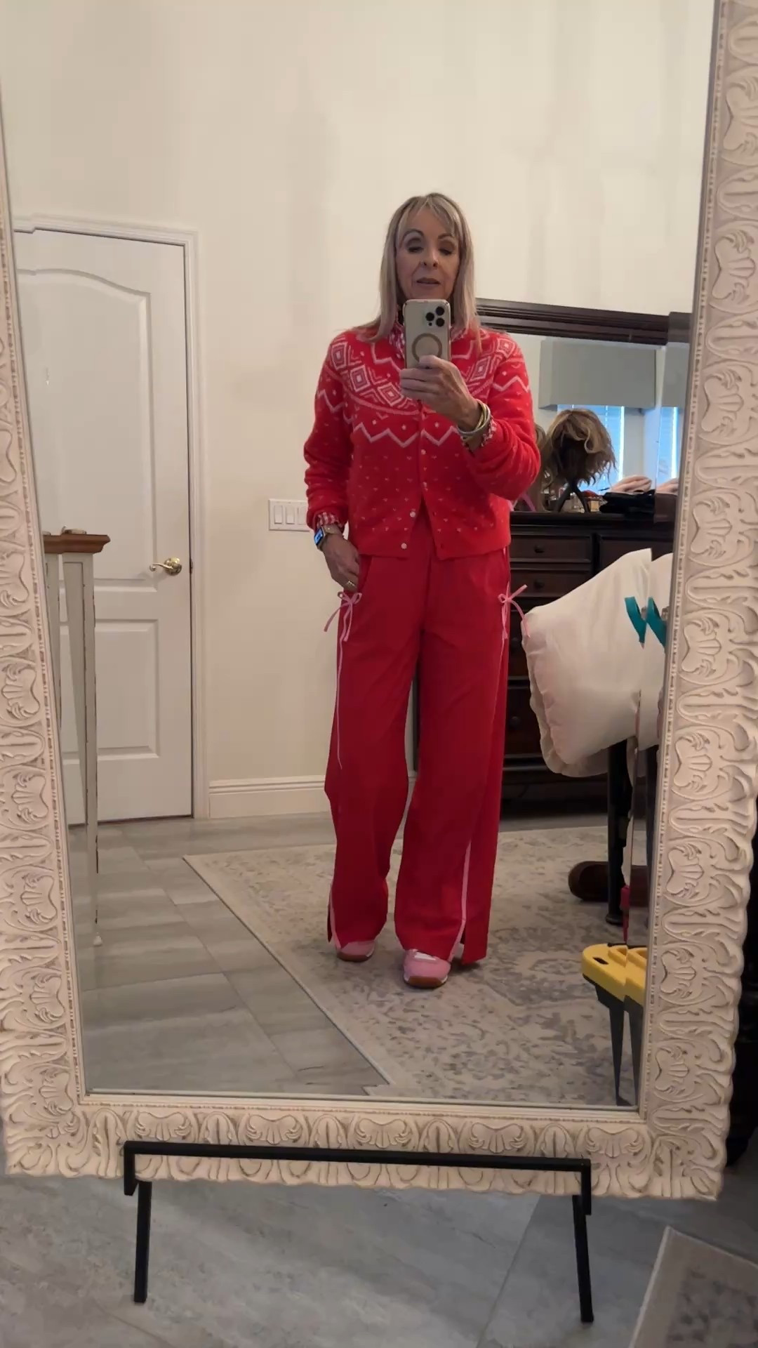 The sweetest track pants ever! The pink trim, the bows…so wonderful! ❤️🩷 
It’s an elevated athleisure look. 

#LTKSaleAlert #LTKActive #LTKFindsUnder50