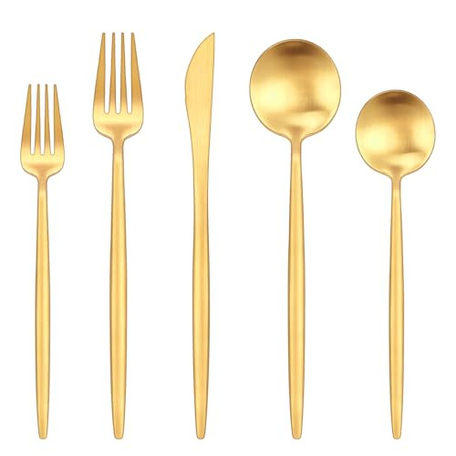Gold Silverware Set,Ollex 40 Pieces Flatware Set For 8,Matte Utensil set with Stainless Knives Gold Forks and Spoons Tableware Cutlery Set with Satin Finish Dishwasher Safe | Amazon (US)