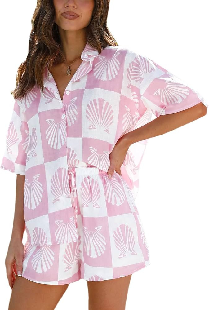 2 Piece Outfits for Women Summer Lounge Set Short Sleeve Button Down Blouses And Casual Shorts Tr... | Amazon (US)