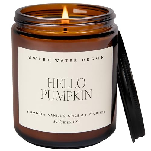 Sweet Water Decor Hello Pumpkin Candle - Fall Soy Candles with Pumpkin, Warm Spices, Vanilla and Buttery Pie Crust - Pumpkin Candles for Home with 40 Hours Burn Time - 9Oz Black Lid Amber Jar Candle | Amazon (US)