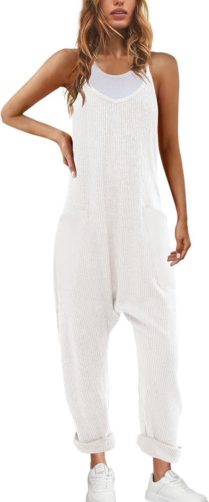 Nirovien Womens Waffle Knit Jumpsuits Oversized One Piece Romper Sleeveless Onesie with Pockets F... | Amazon (US)