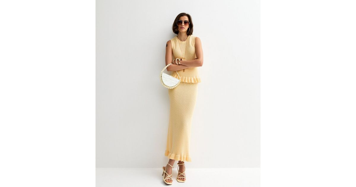 Yellow Cotton Rich Stitchy Knit Frill Hem Midi Skirt | New Look | New Look (UK)
