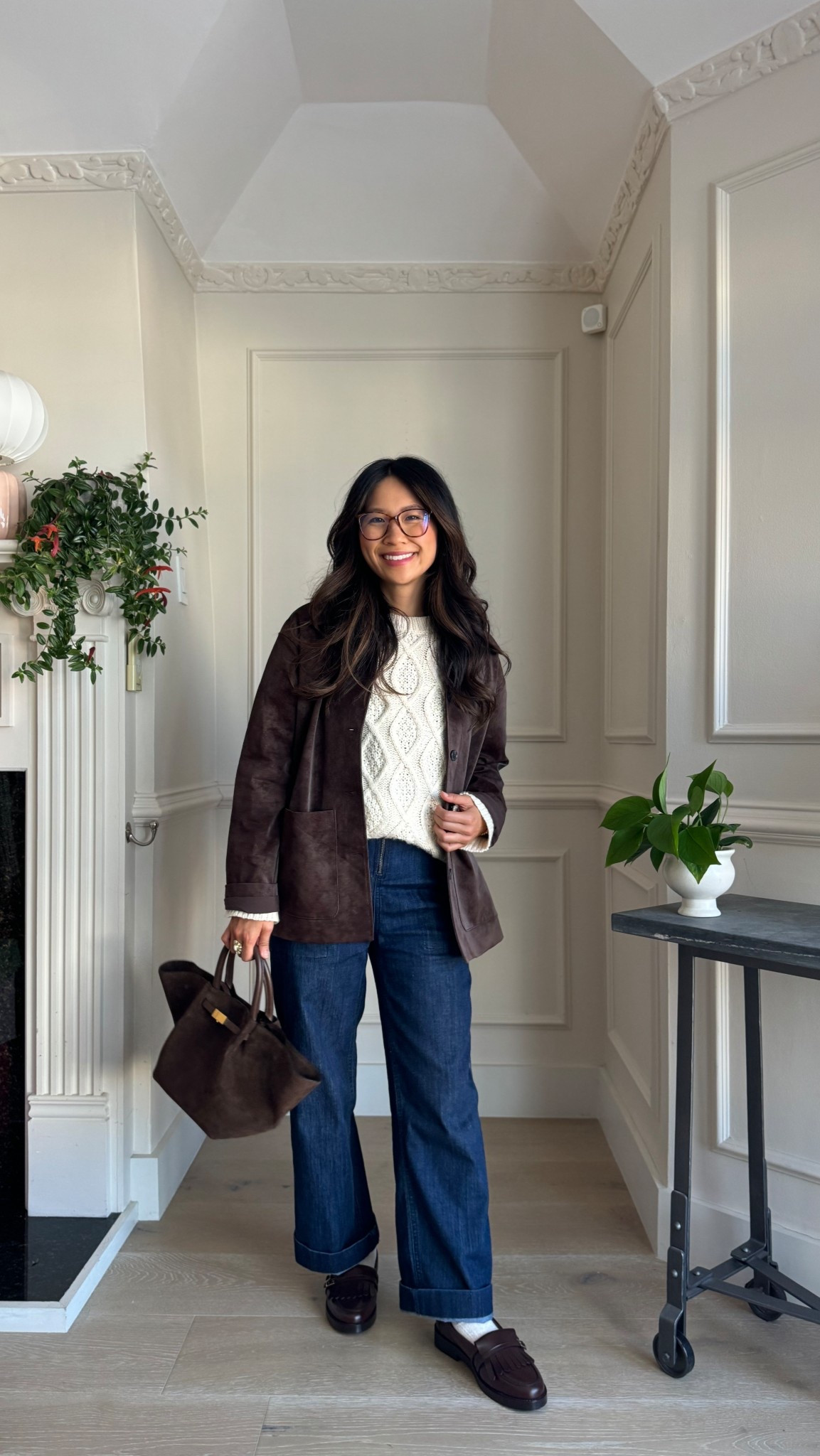 cinnamon girl fall aesthetic: suede jacket is oversized (size small), jumpsuit in size XS, and sweater in size small. Loafers run small, get your usual size! 

#LTKSeasonal #LTKFindsUnder100 #LTKPetite