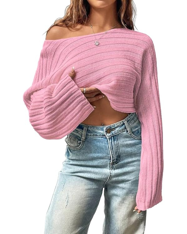 SKAYS Womens Off The Shoulder Cropped Sweater Fall Ribbed Knit Batwing Sleeve Boat Neck Pullover ... | Amazon (US)