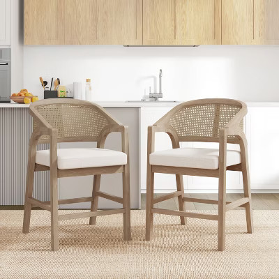 Christopher Knight Home Nat Upholstered Rubberwood Counter Stools with Curved Cane Back (Set of 2), Light Ash/Beige | Target