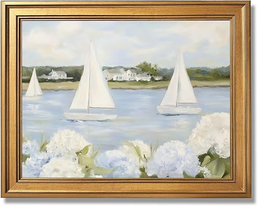 Licpach Grandmillennial Preppy Coastal Wall Art Nautical Sailboat Blue White Floral Canvas Print ... | Amazon (US)