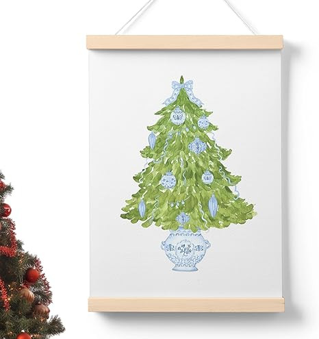 PaJiaNi Blue Chinoiserie Christmas Tree Wall Art,Blue and White Chinoiserie Xmas Tree Wall Decor,... | Amazon (US)