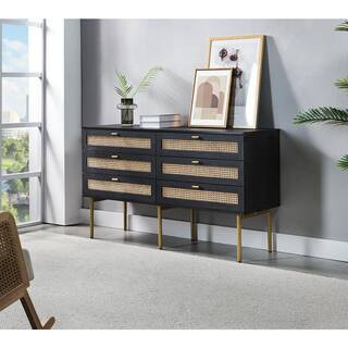 Datang Black 6-Drawer 54 in. W Double Dresser with Metal Legs | The Home Depot