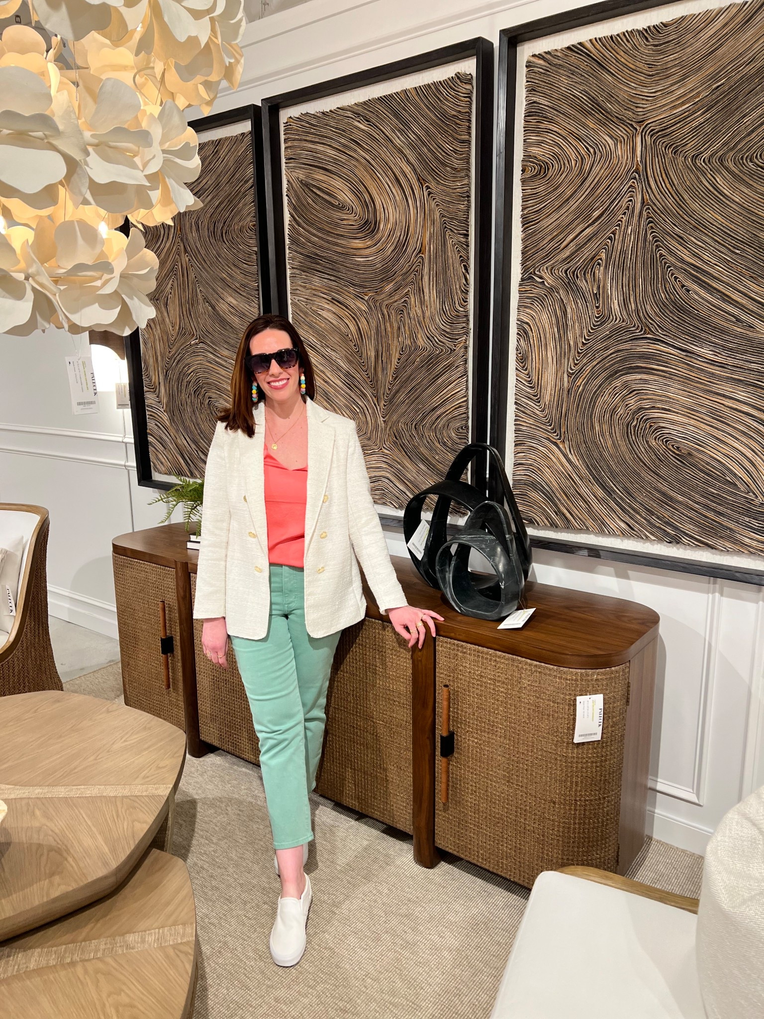 White tweed blazer (s). Salmon colored satin vneck cami (xs). Mint colored mid rise jeans (4). White slip on sneakers (8.5). #blazer #tweedblazer #whiteblazer #cami #vneckcami #cami #satincami #jeans #midrisejeans #mintjeans #sneakers #whitesneakers #sliponsneakers #springoutfit #workoutfit 
spring outfits 2026 
work outfits 
business casual workwear

#LTKWorkwear #LTKootd #LTKSeasonal