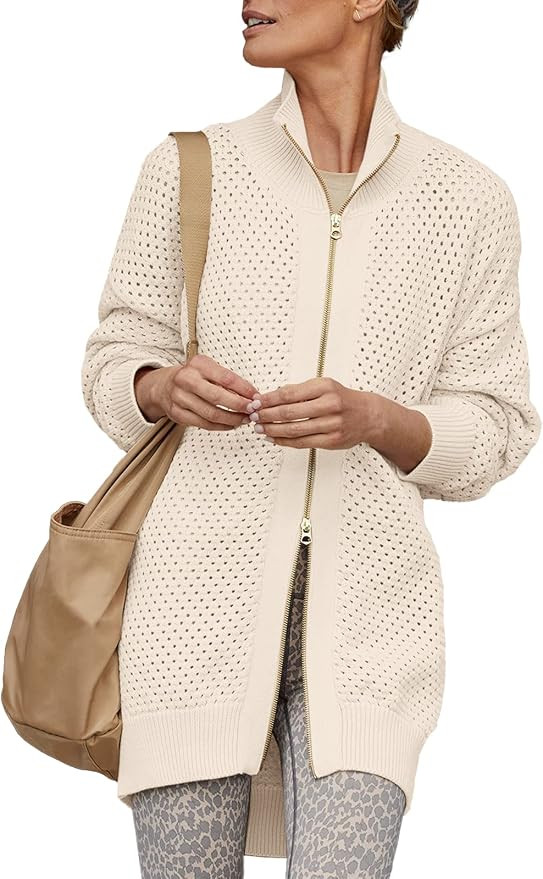 Women's Turtleneck Zip Up Cardigan Sweaters Oversized Drop Shoulder Long Sleeve Casual Solid Mesh... | Amazon (US)