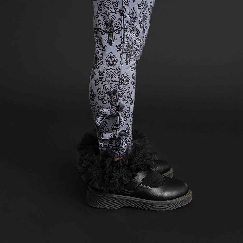 Damask Black Girls Disney The Haunted Mansion Wallpaper Bow Leggings | Posh Peanut® | Posh Peanut