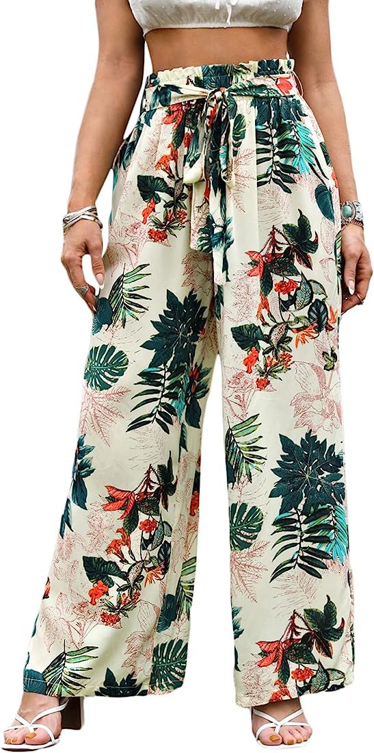 Milumia Women Belted Frilled Waist Tropical Print Boho Wide Leg Palazzo Pants | Amazon (US)