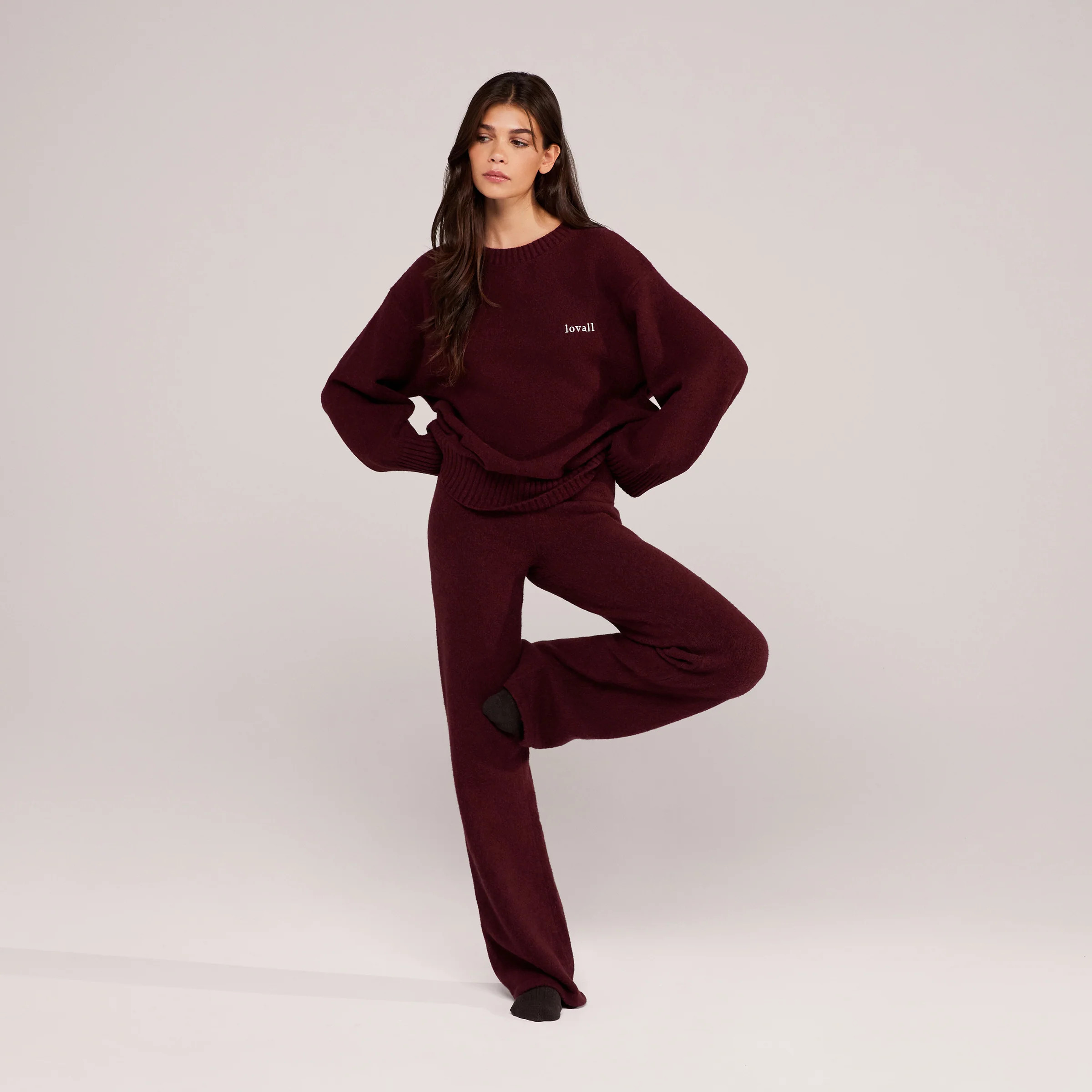 Wide Leg Knit Trousers - Burgundy | LOVALL