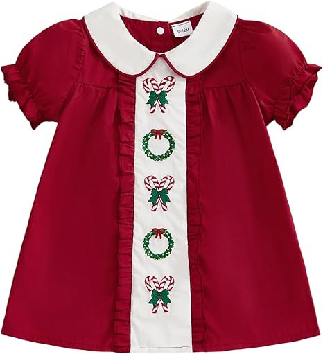 Toddler Baby Girl Christmas Outfit Santa Claus/Reindeer/Tree Embroidery Plaid Short Sleeve Smocke... | Amazon (US)