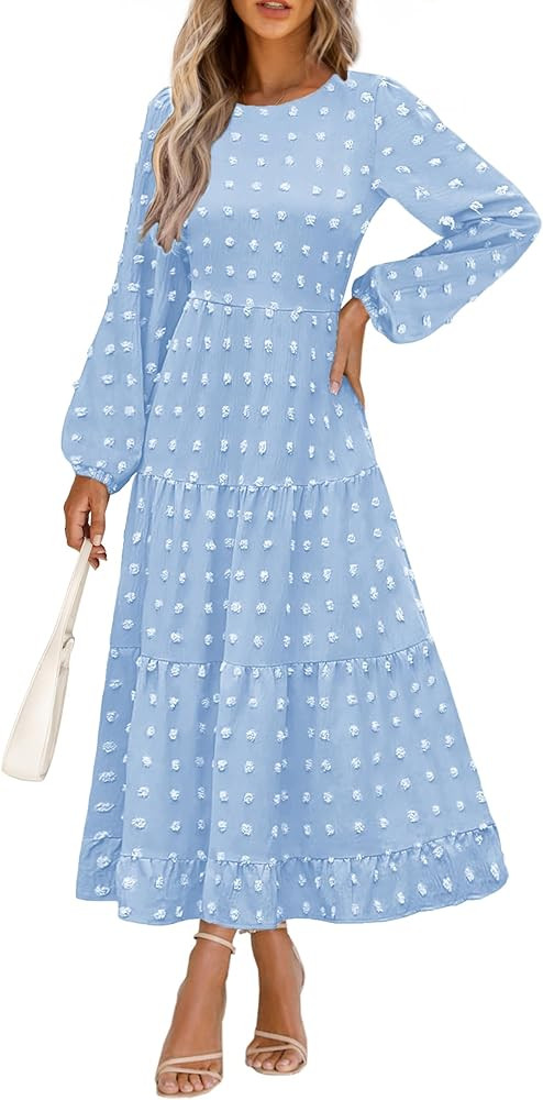 PRETTYGARDEN Women's Fall Spring Elegant Long Sleeve Maxi Dress Swiss Dot A Line Flowy Casual Hol... | Amazon (US)