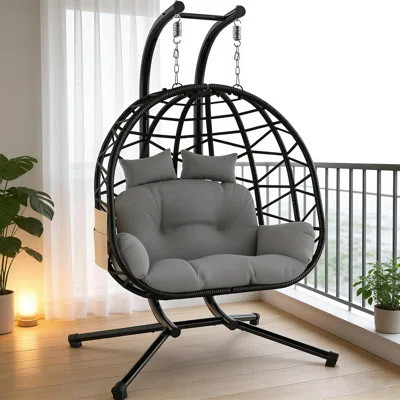 2 Person Hanging Egg Chair with Stand, Indoor Outdoor Wicker Egg Swing Chair with Cushion | Wayfair North America