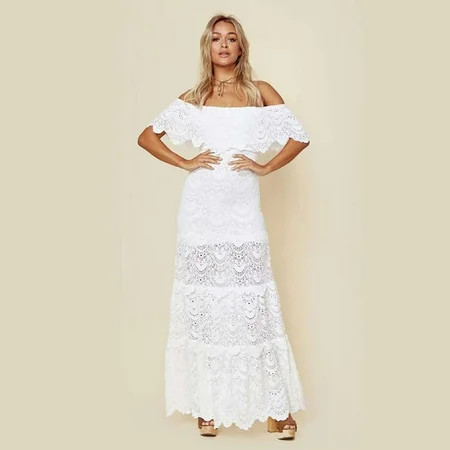 Jocestyle Off Shoulder Lace Long Floor-Length Dress Bohemian Beach White Dress (S) | Walmart (US)