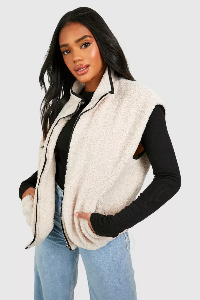 Contrast Trim Detail Teddy Faux Fur Gilet | Boohoo.com (UK & IE)